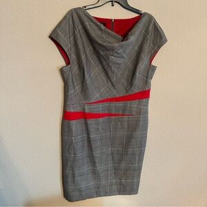 Escada Gray and Red Plaid Midi Dress